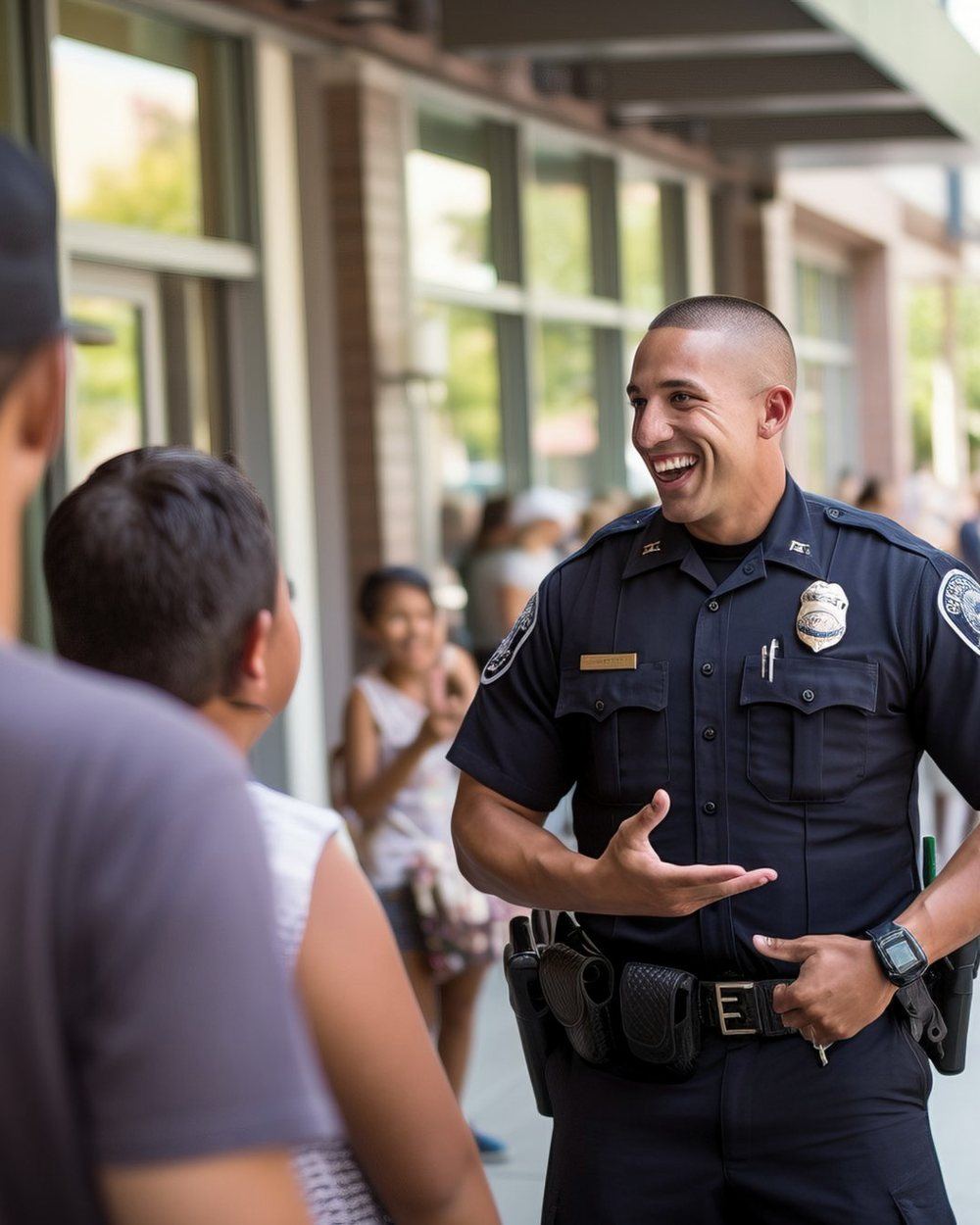 A police officer talking with people on a street