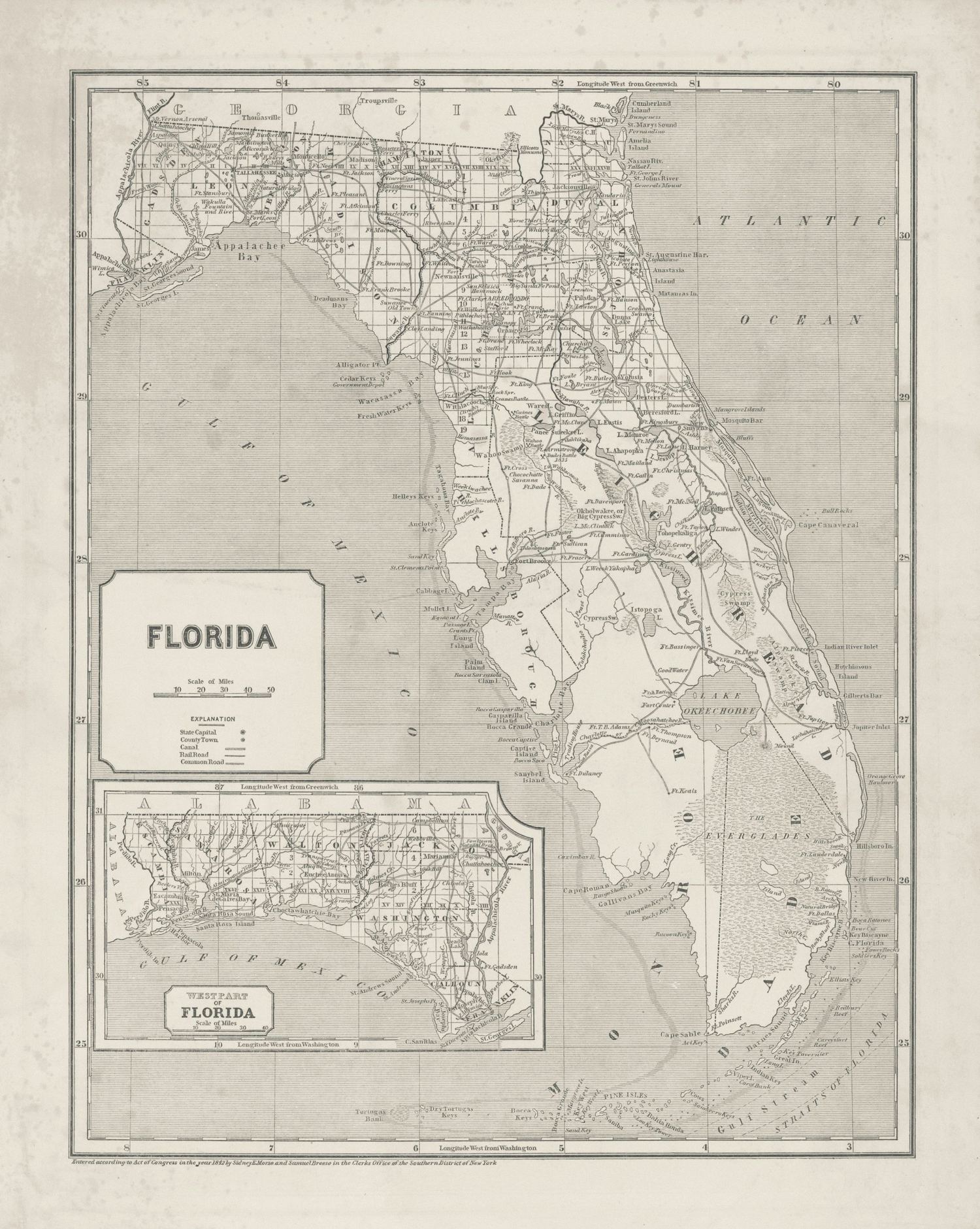 An antique engraved map of the state of Florida.