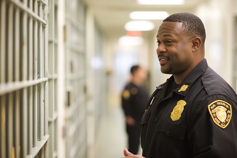An experienced law enforcement officer talking with a colleague in a corridor