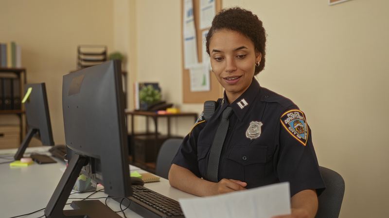 A police officer working at a desk in a station office