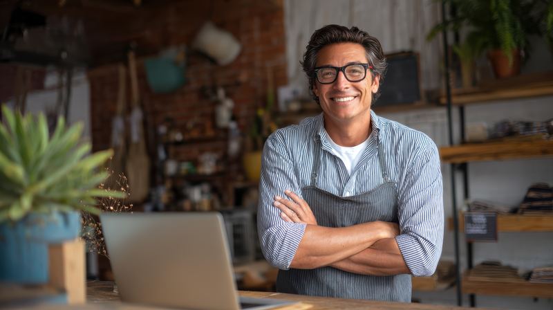 A man in his fifties standing in a home office, arms folded