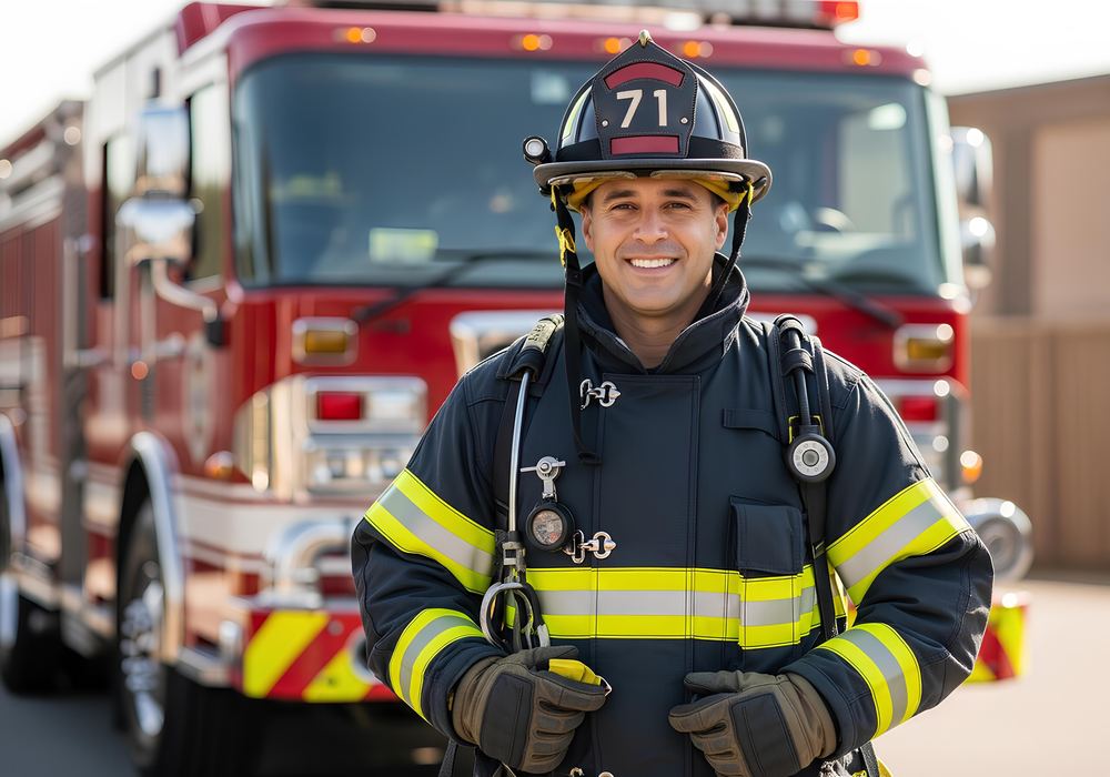 A firefighter in turnout gear standing in front of an engine at the station