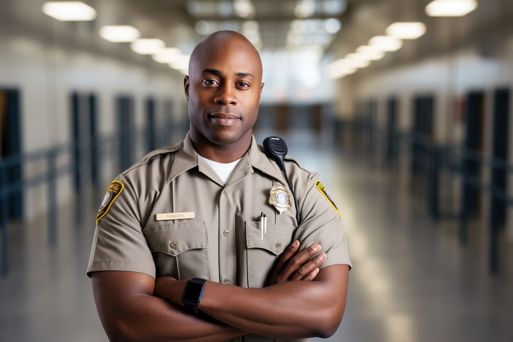 A uniformed law enforcement officer standing in a corridor, arms folded